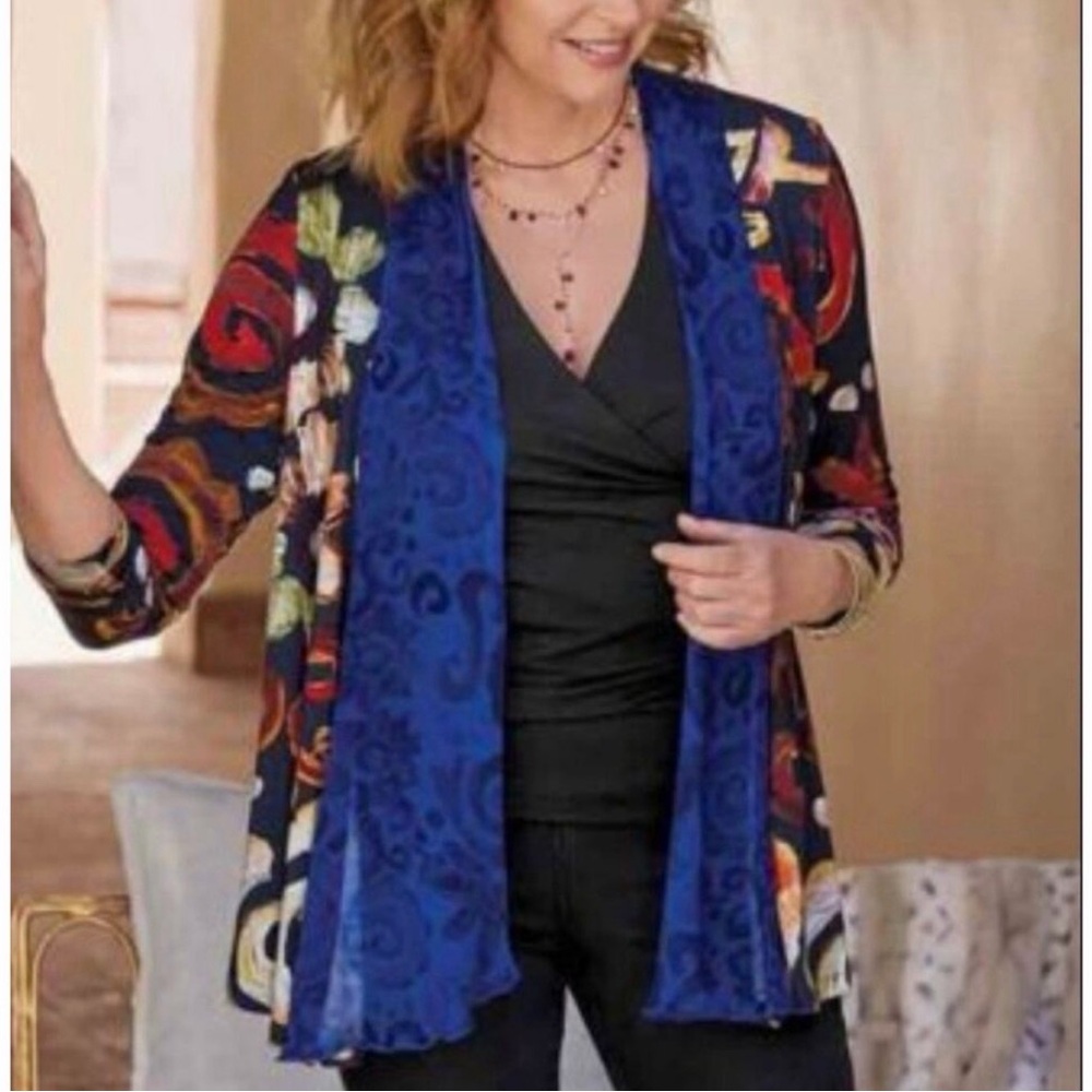 SOFT SURROUNDINGS Printed Langshire Topper Medium Open Cardigan Artsy Whimsy